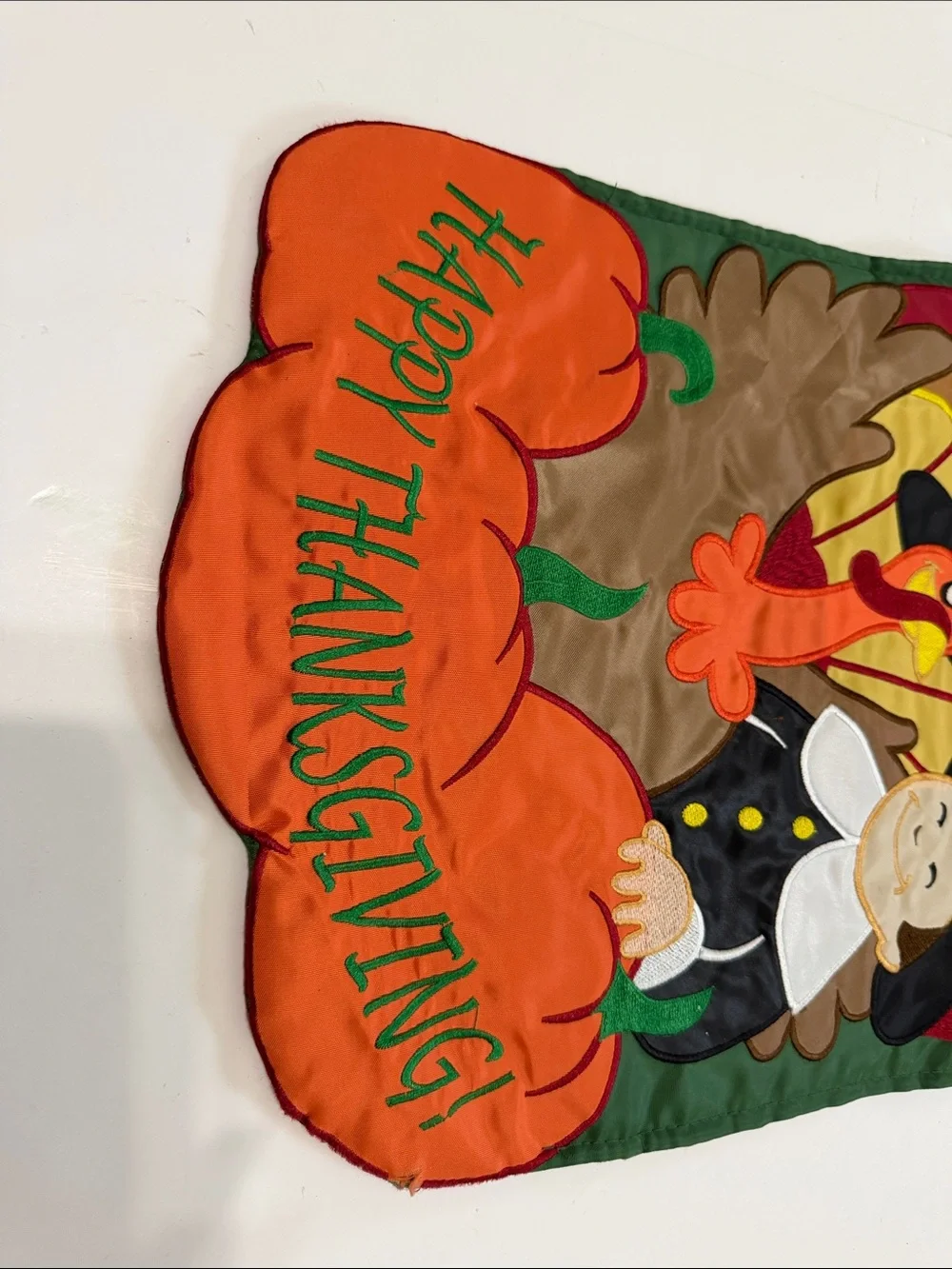 Happy Thanksgiving Garden Flag - Green Background with Orange Pumpkins
